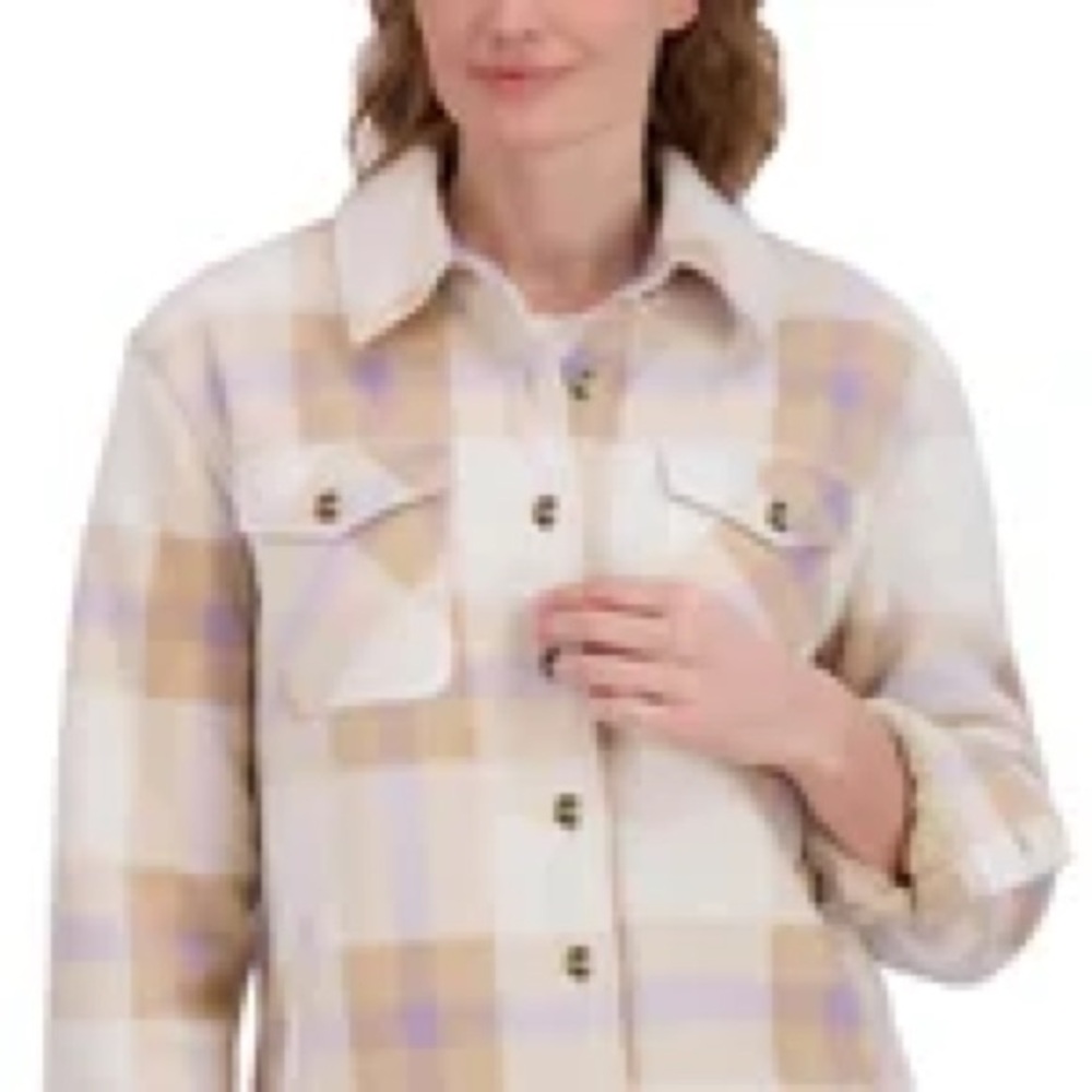 Sage Collective Plaid Women's Shacket in Cream/Tan and Purple Medium